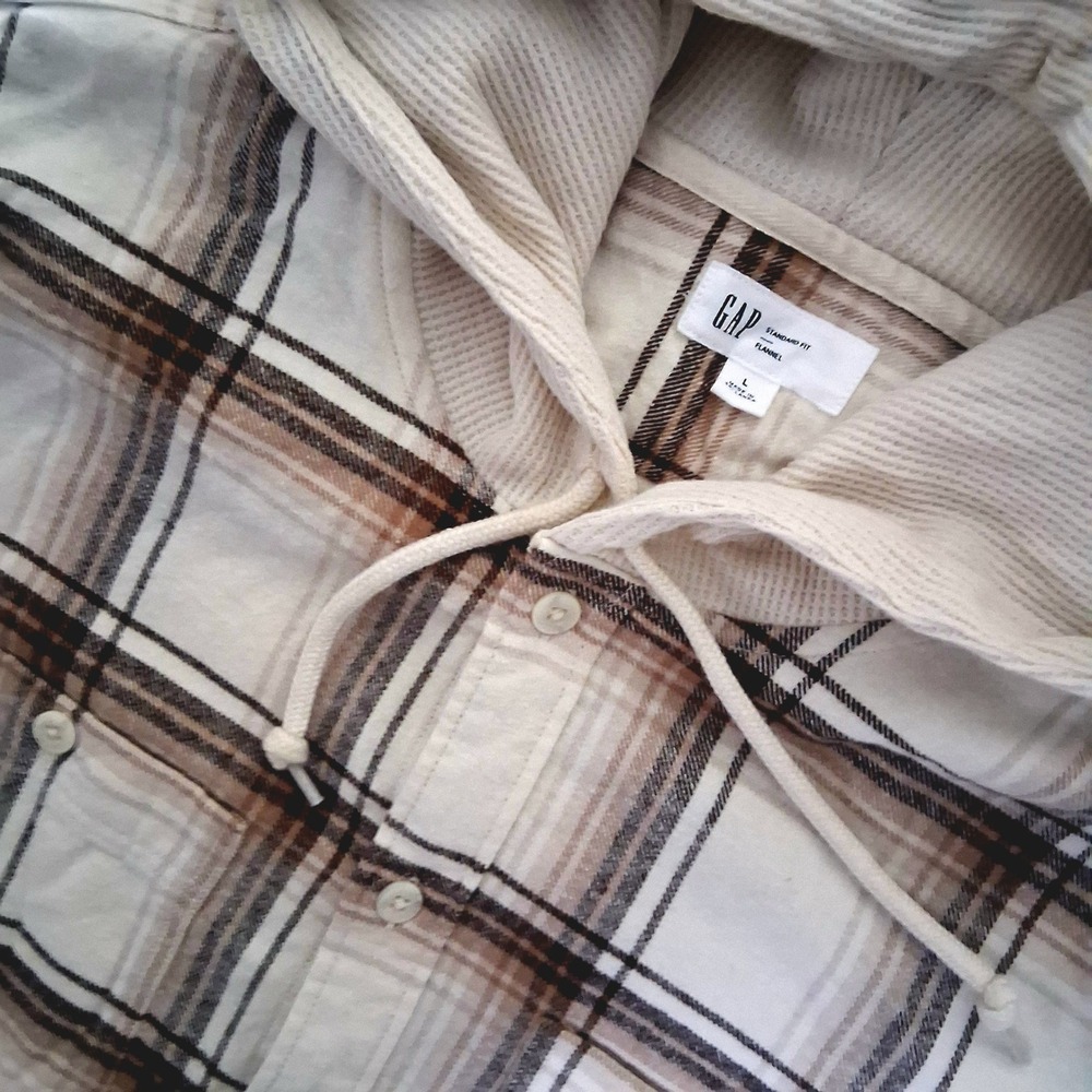 Mens Gap Standard Fit Flannel Hoodie Plaid‎ Long Sleeve Button Down Shirt L